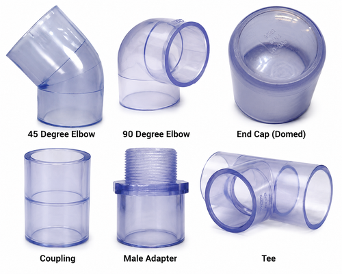 Clear SCH40/80 PVC Elbows, TEEs, Couplings, Male Adapters, and Caps