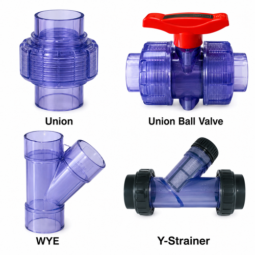 Clear PVC Unions, Union Ball Valves WYEs and Y-Strainers (1/2 Inch to 6 Inch)